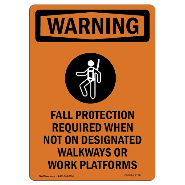 OSHA WARNING Sign, Fall Protection Required, 24in X 18in Rigid Plastic, 18" W, 24" H, Portrait